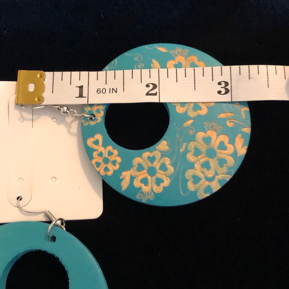 Floral Teal Blue and Tan Round Wooden Earrings - Picture 7 of 7